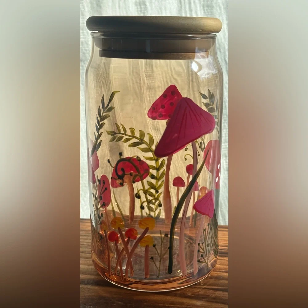Pink Mushroom Glass Canister Jar Bamboo Lid Cottagecore